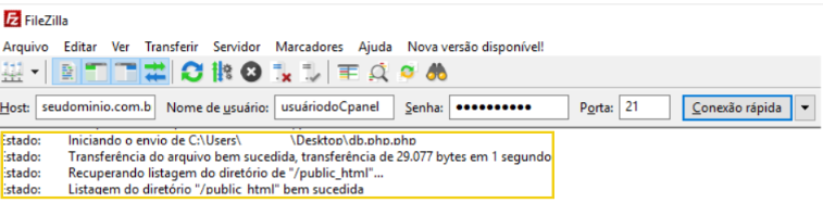 Tela do FileZilla exibindo transferência de arquivo com sucesso e listagem do diretório public_html, mostrando status e informações da conexão.
