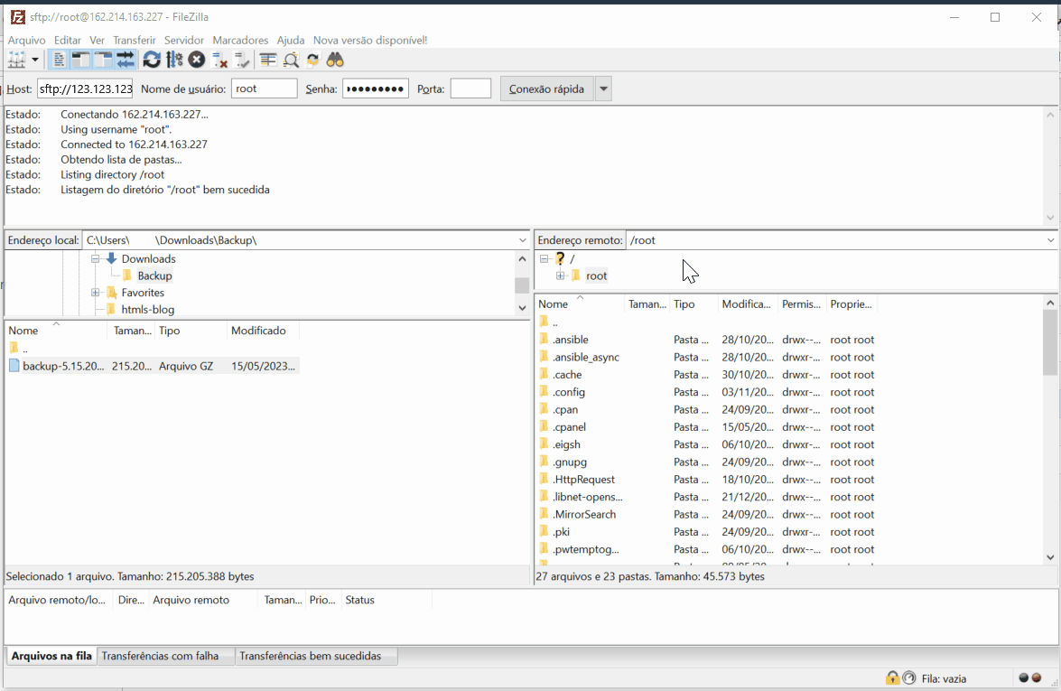 Captura de tela do FileZilla mostrando a conexão e o diretório remoto /root, com uma lista de pastas e arquivos disponíveis.