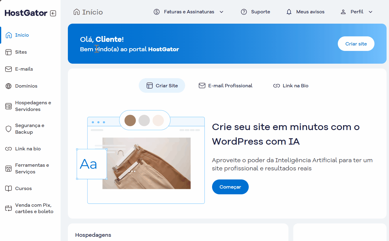 clicar em hospedages e servidores e depois na hospedagem clicar em gerencia, na tela nova ir na seção DNS.gif