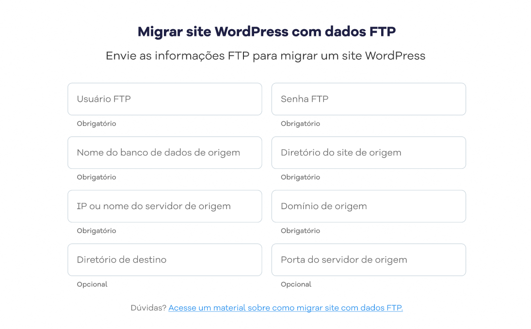 dados ftp para migrar via portal do cliente 
