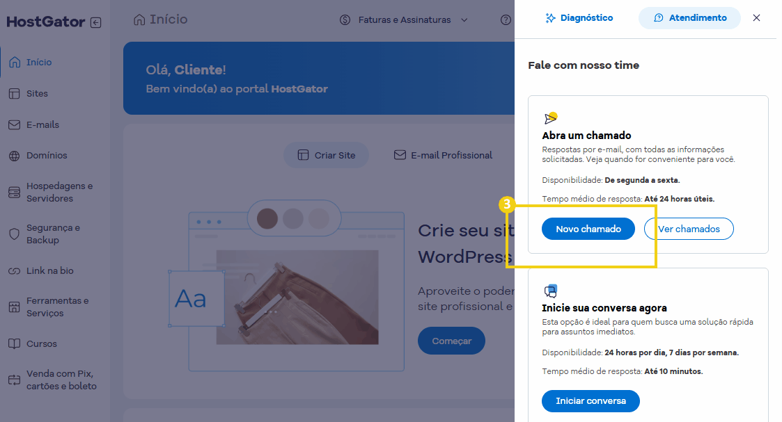 Tela do portal HostGator mostrando a opção de abrir um novo chamado.png