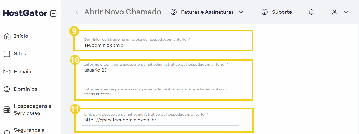 Tela abertura do chamado com os campos para domínio, login e link painel administrativo.png