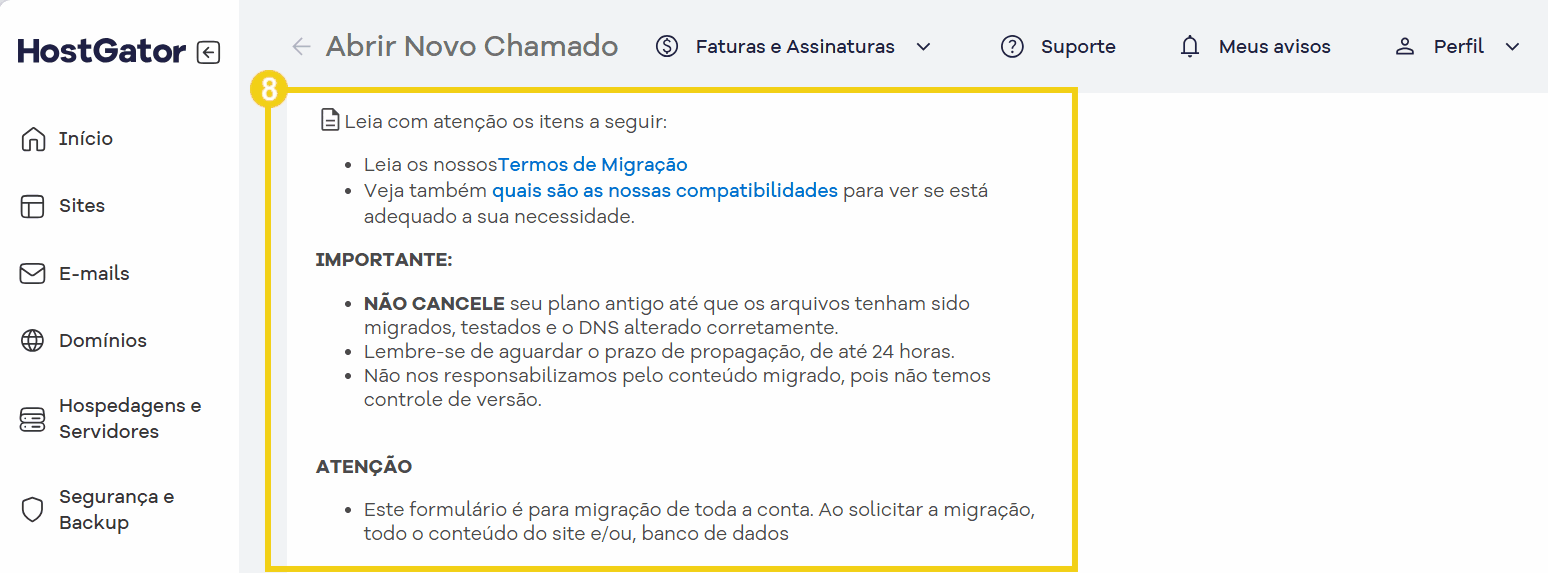 Tela abertura do chamado que orienta sobre os termos e atenção necessária para a migração.png