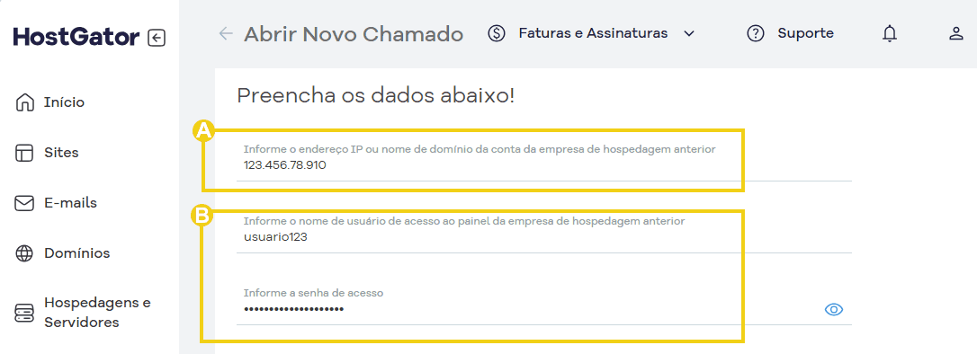 Tela de abertura de chamado informar IP, usuário e senha VPS e Dedicado.png