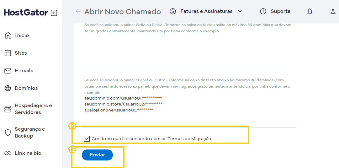 Tela abertura de chamado com o botão enviar chamado migração VPS e Dedicado.png