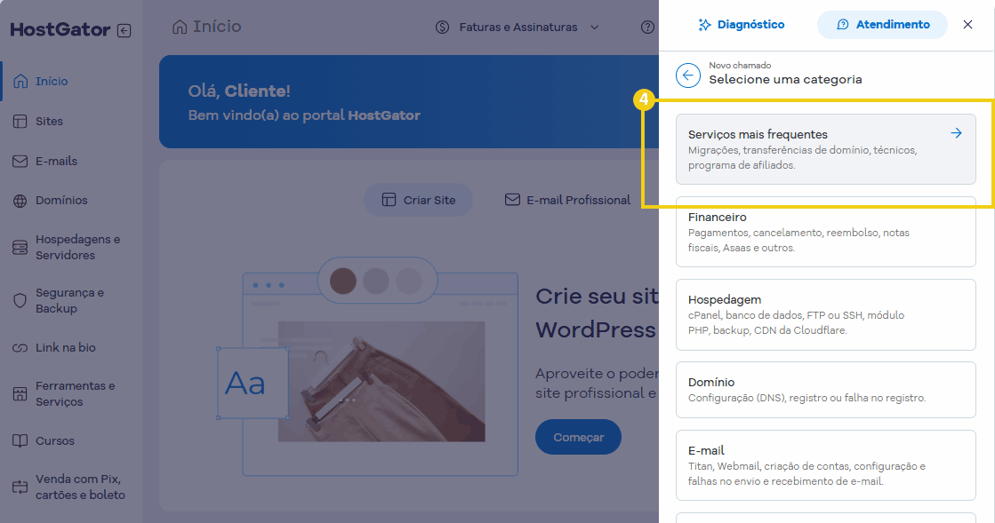 Tela do portal HostGator mostrando a seção de serviços mais frequentes, como migrações.png