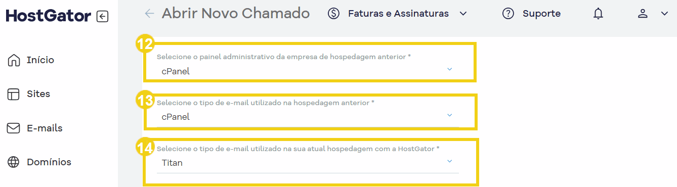 Tela abertura do chamado para informar o painel administrativo e tipos de e-mail utilizados.png