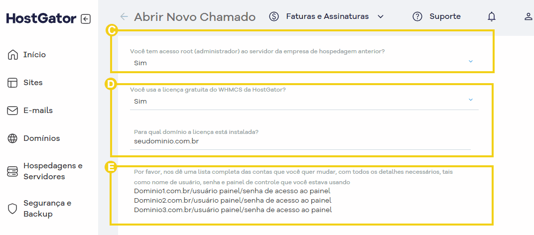 Tela do chamado para informar acesso root, licença WHMCS e contas .png