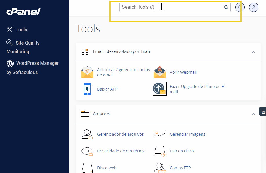imagem da interface do cPanel mostrando as ferramentas disponíveis, incluindo gerenciador de arquivos e opção phpMyadmin.gif