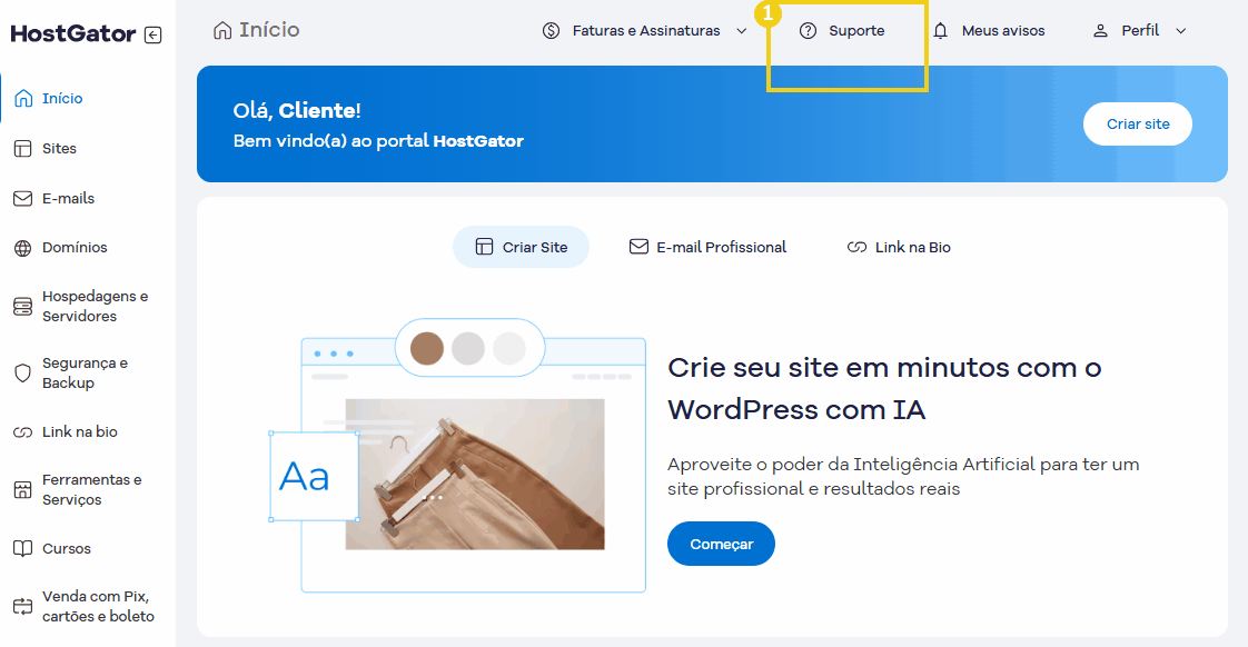 Tela do portal HostGator com destaque para a seção de suporte.png