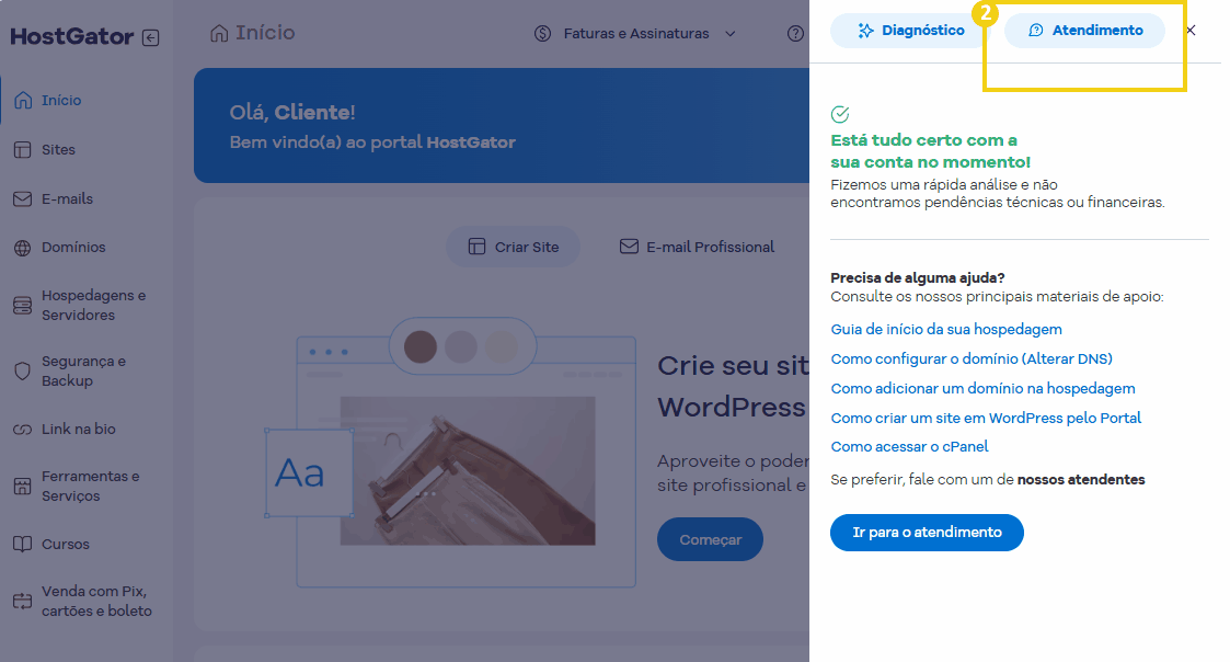 Tela inicial do portal HostGator que indica solicitar atendimento.png