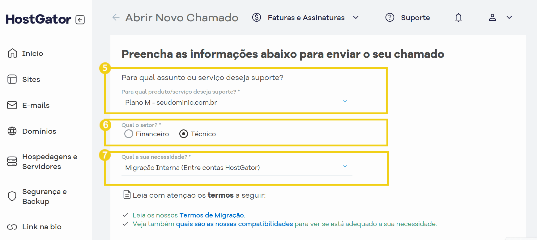 Tela de abertura de chamado para escolher o plano, setor técnico e a opção migração interna - Entre contas HostGator.png