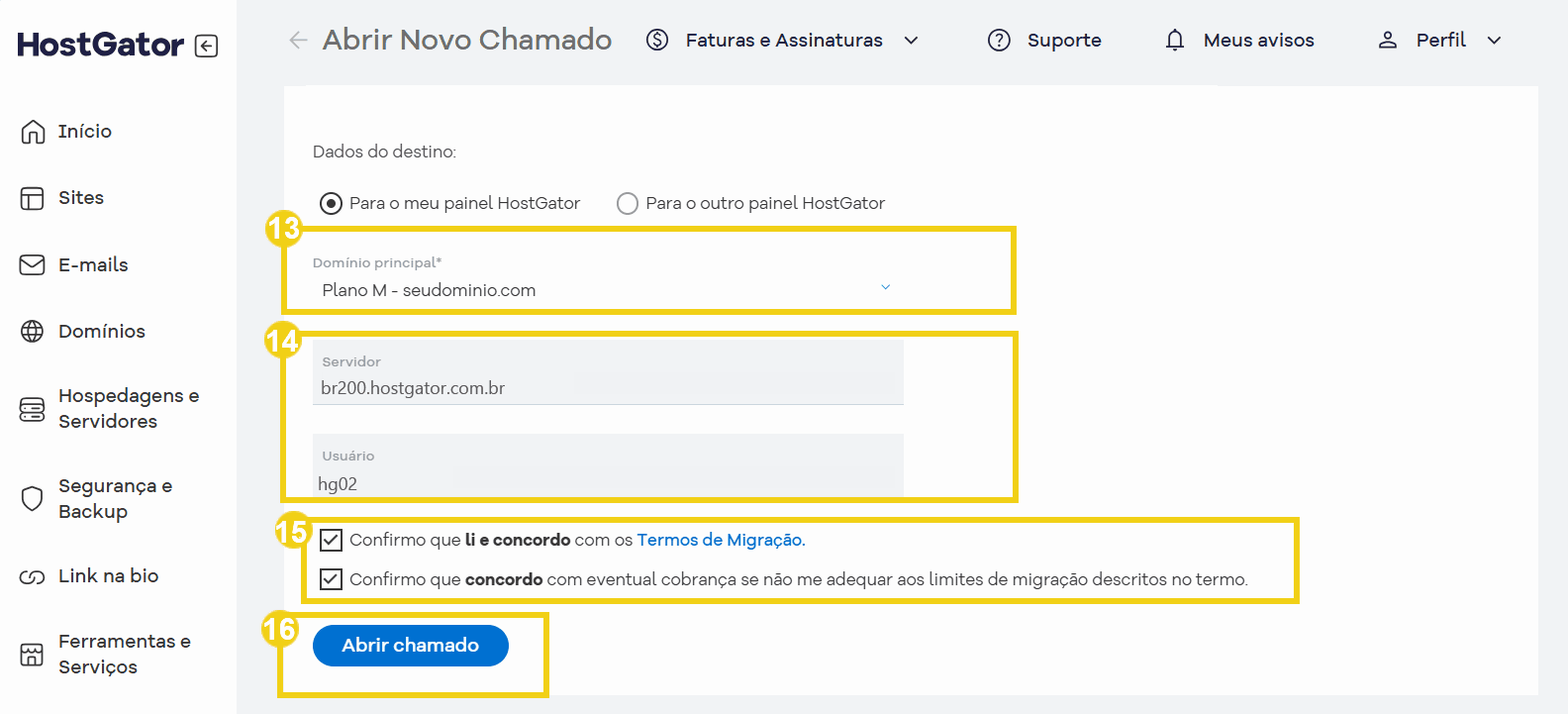 Tela de abertura de chamado para selecionar a conta, aceitar os termos e enviar o chamado.png