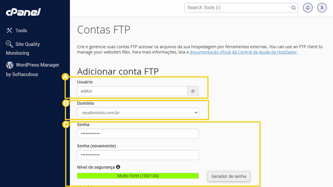 Tela no cPanel na seção contas FTP para adicionar conta.png