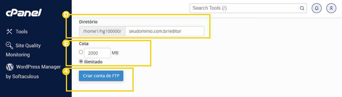 Tela no cPanel na seção contas FTP para definir diretório, cota e concluir a criação.png