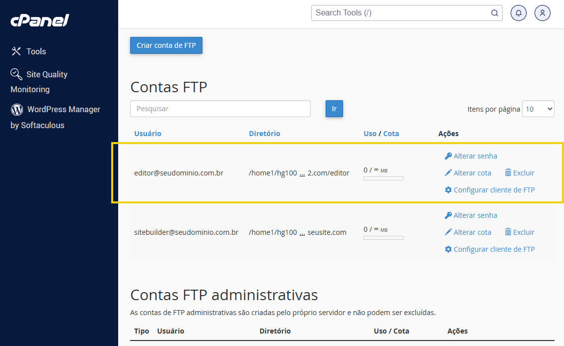 Tela do cPanel que mostra a conta FTP criada.png