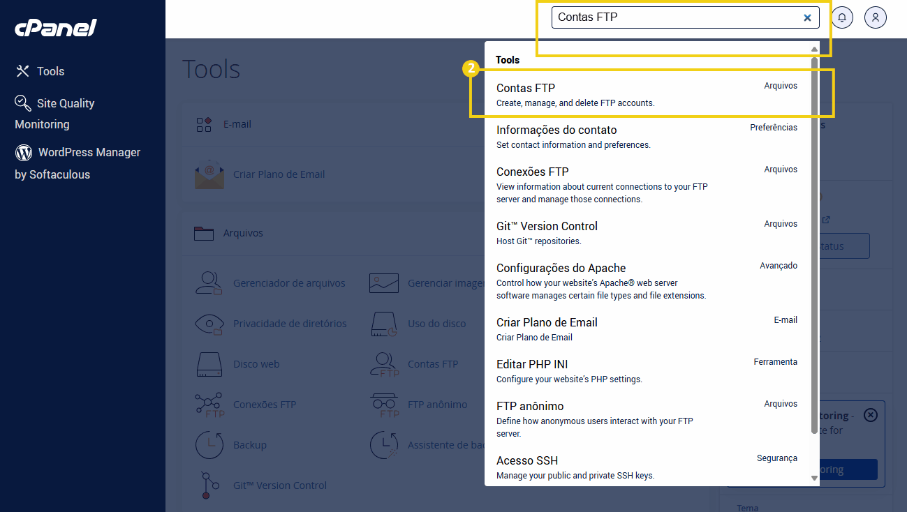 Tela do cPanel, pesquisado por Contas FTP.png