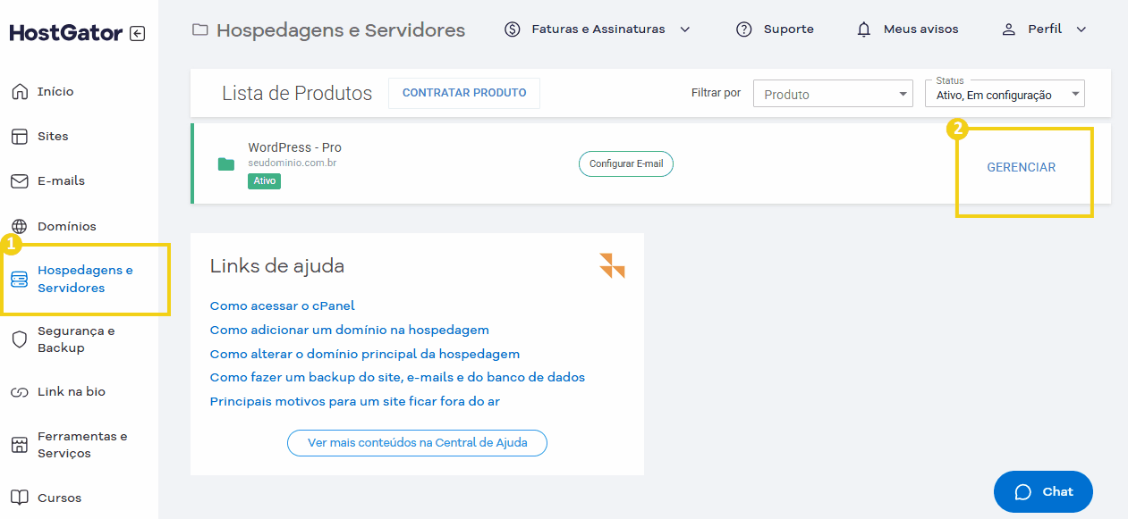 Tela do Portal do Cliente na aba Hospedagens e Servidores para acessar o gerenciamento do plano WordPress.png
