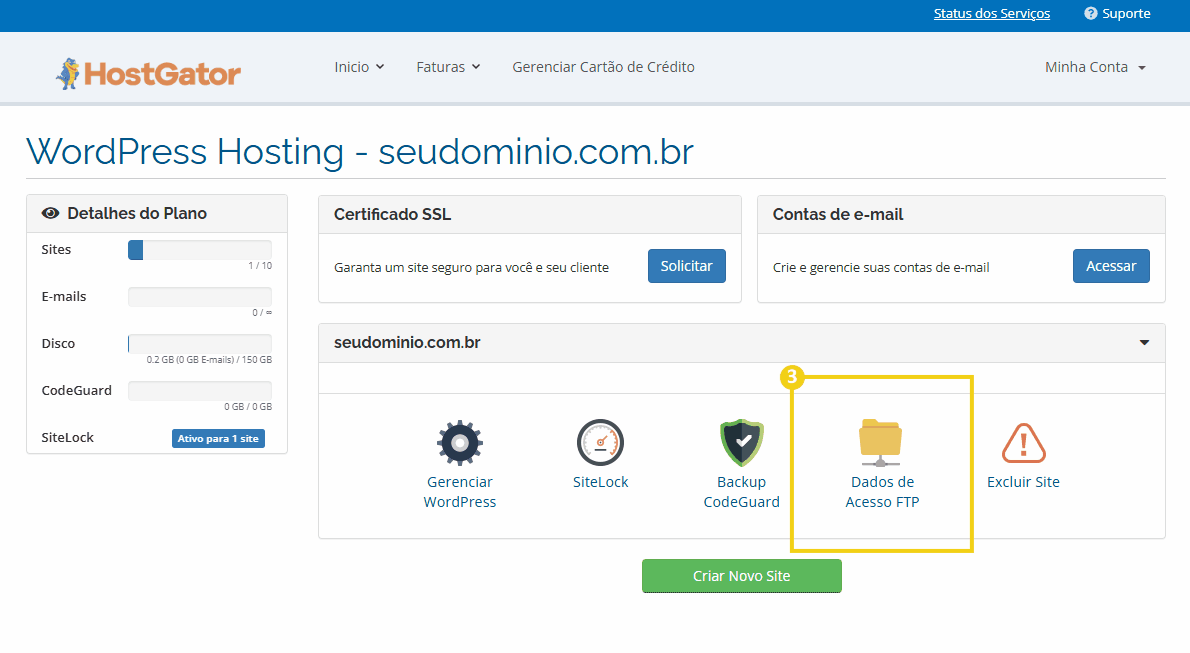 Tela de gerenciamento do WordPress para acessar a opção Dados de Acesso FTP.png