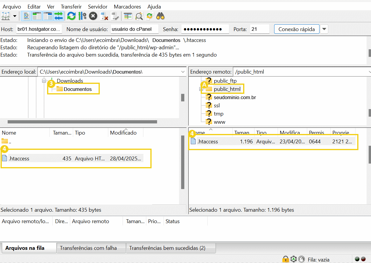 Imagem de arquivos mostrando diretórios Downloads e Documentos, destacando o arquivo .htaccess e conexões FTP.