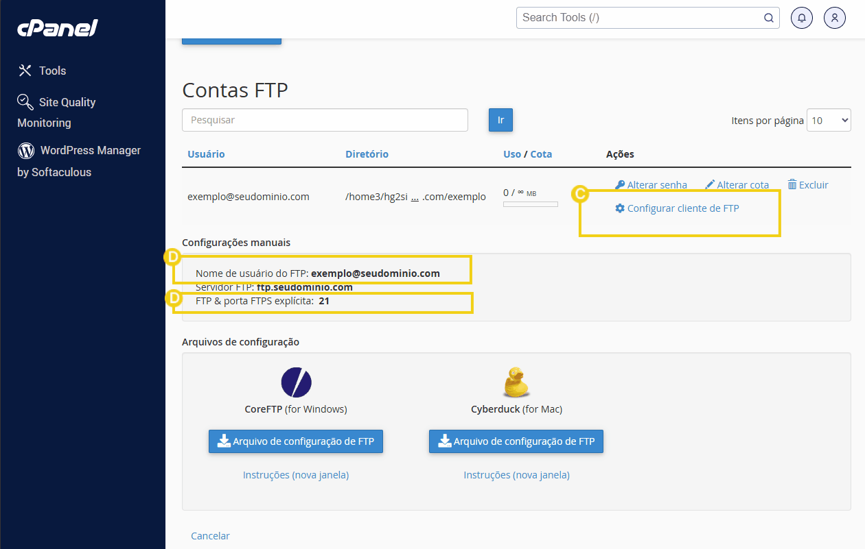 Tela de configuração de contas FTP no cPanel, mostrando detalhes como nome de usuário, servidor e porta para acesso FTP.