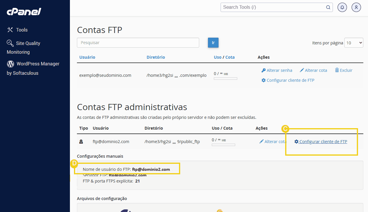 Imagem do cPanel mostrando configurações de contas FTP: usuário, diretório e opções para gerenciar acessos