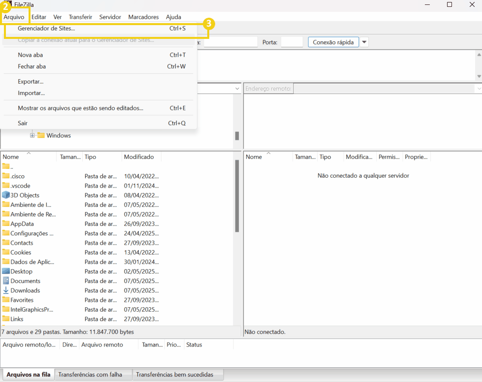 Tela do software FileZilla mostrando o menu para acessar o Gerenciador de Sites, ideal para gerenciar conexões FTP e transferências de arquivos.