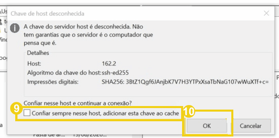 Imagem de um aviso de chave de host desconhecida no terminal SSH. A mensagem informa que a chave não é reconhecida e oferece opções para continuar a conexão.png