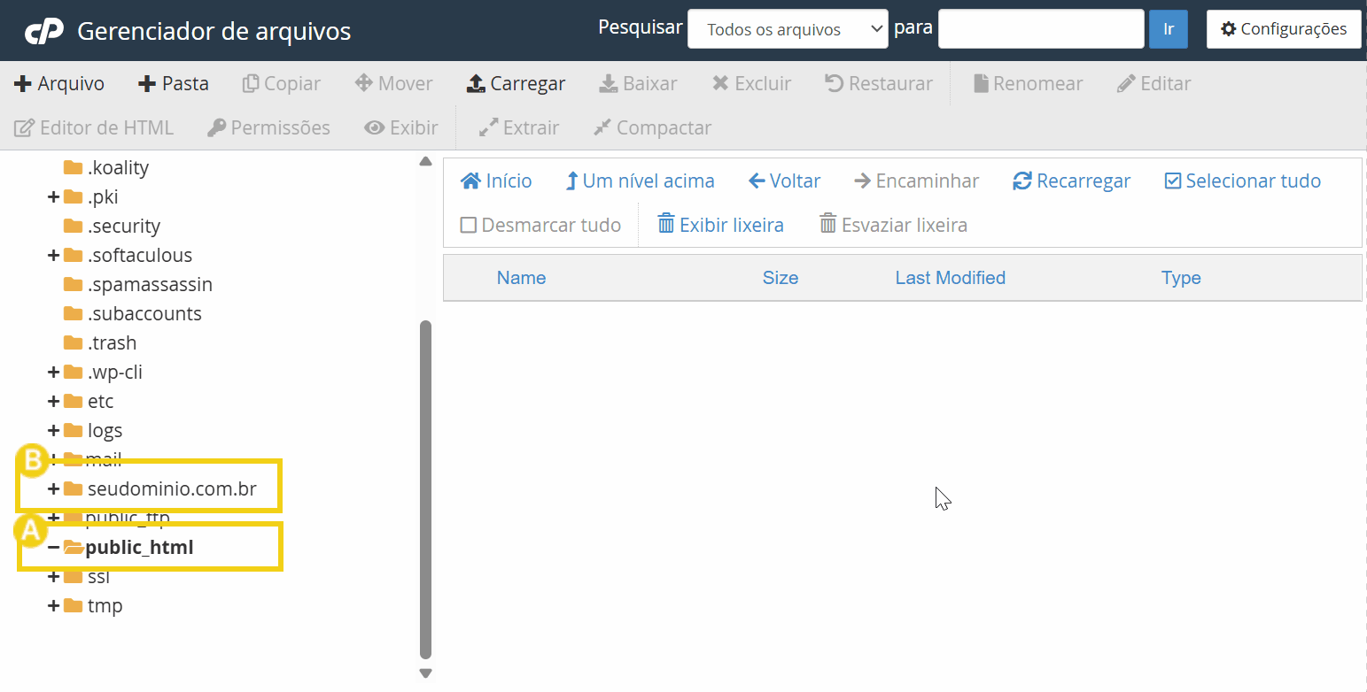 Imagem do Gerenciador de Arquivos mostrando a estrutura de diretórios em um servidor, com destaque para a pasta public_html e o domínio seudominio.com.br, ideal para gerenciamento de sites.