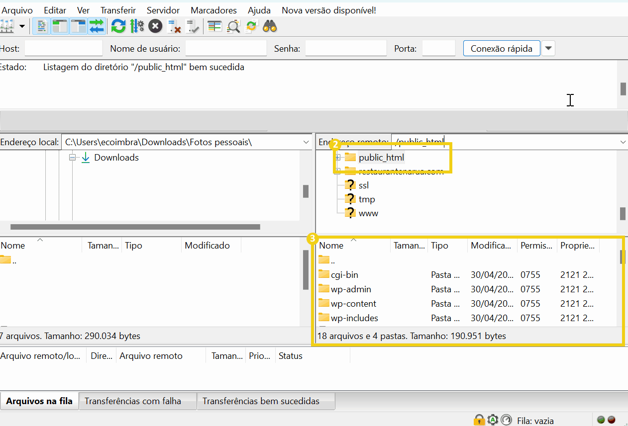 Imagem mostrando o diretório 'public_html' em um gerenciador de arquivos, destacando pastas e arquivos como 'wp-admin', 'wp-content' e 'wp-includes'.