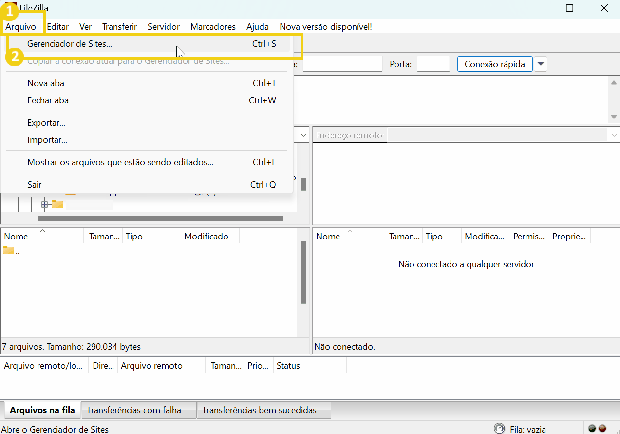 Imagem do FileZilla destacando a opção "Gerenciador de Sites..." e usando o atalho Ctrl+S para salvar configurações.