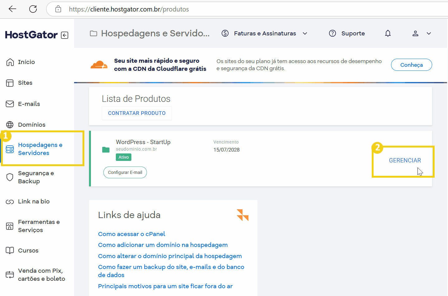 Tela do painel de controle do HostGator, destacando a seção de Hospedagens e Servidores e opções para gerenciar produtos