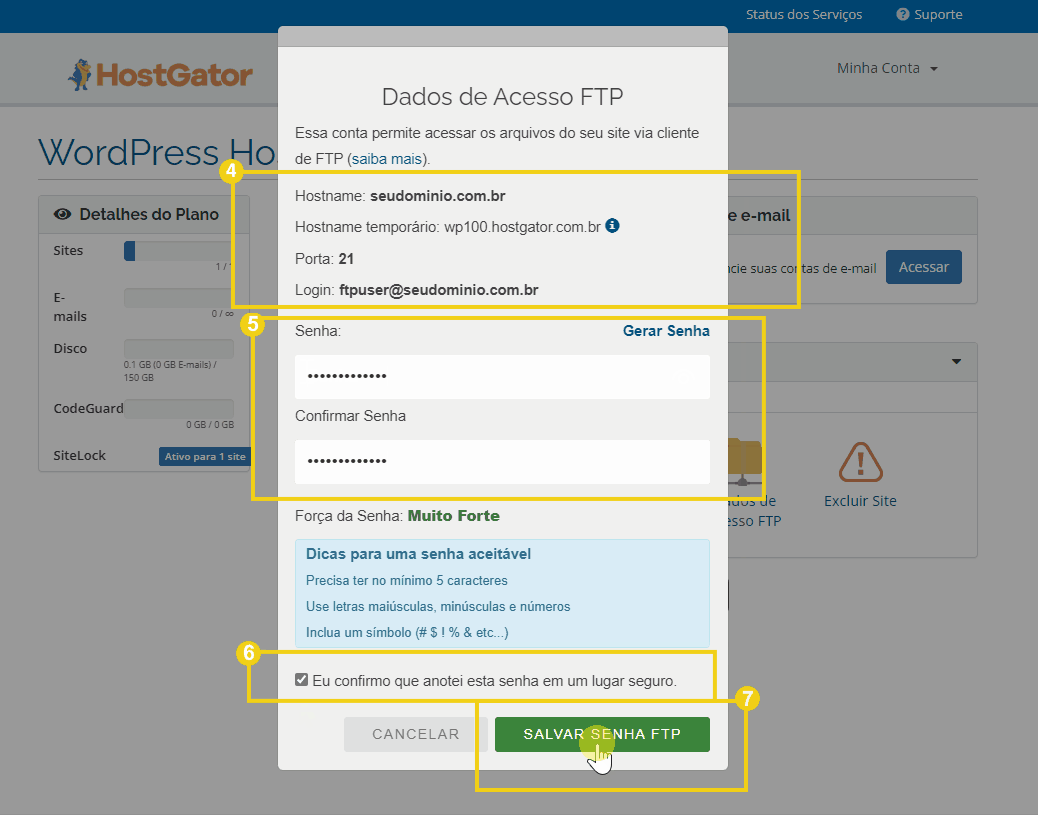 Tela de configuração de acesso FTP no plano Wordpress HostGator, mostrando campos para hostname, login e senha. Dicas para criar senhas seguras e opção para salvar a senha.