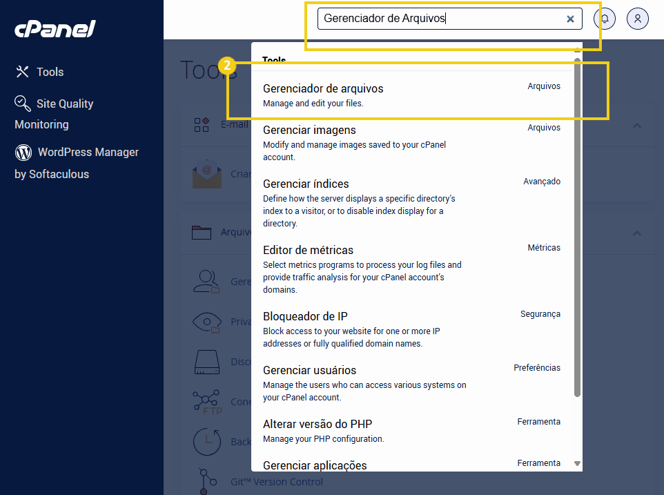 Tela do Gerenciador de Arquivos no cPanel, mostrando opções para gerenciar e editar arquivos do site. Ideal para usuários de hospedagem.