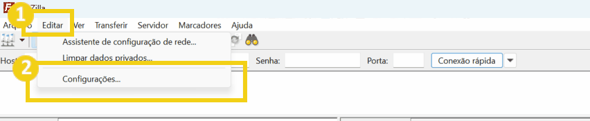 Captura de tela do menu do programa FileZilla, mostrando a opção 'Editar' e as configurações de rede, com destaque nas opções disponíveis para o usuário.