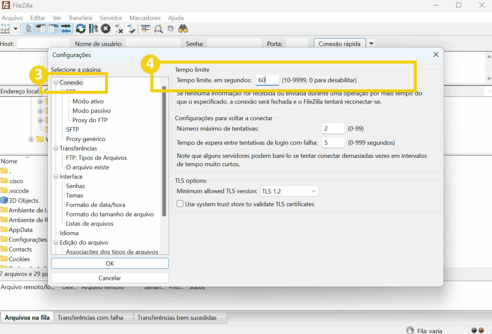 Tela de configurações do FileZilla mostrando opções relacionadas à conexão, incluindo limites de tempo e tentativas de login.
