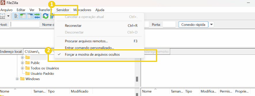 Captura de tela do FileZilla mostrando a opção de forçar a mostra de arquivos ocultos no menu do servidor. Esse recurso é útil para gerenciar arquivos no FTP.