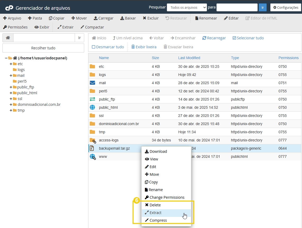 Gerenciador de arquivos do cPanel mostrando pastas e opção como extrair 