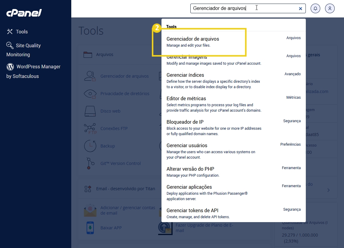 Imagem do Gerenciador de Arquivos no cPanel, mostrando opções para gerenciar e editar arquivos, facilitando a administração do site.