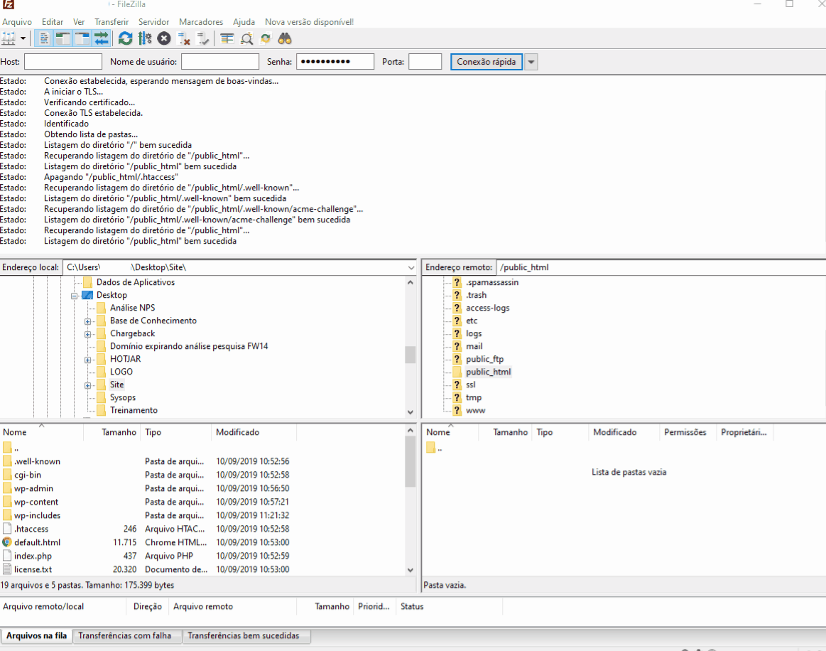 Tela do software FileZilla exibindo uma conexão FTP com diretórios e arquivos listados. Ideal para gerenciar sites e transferir dados de forma eficiente.