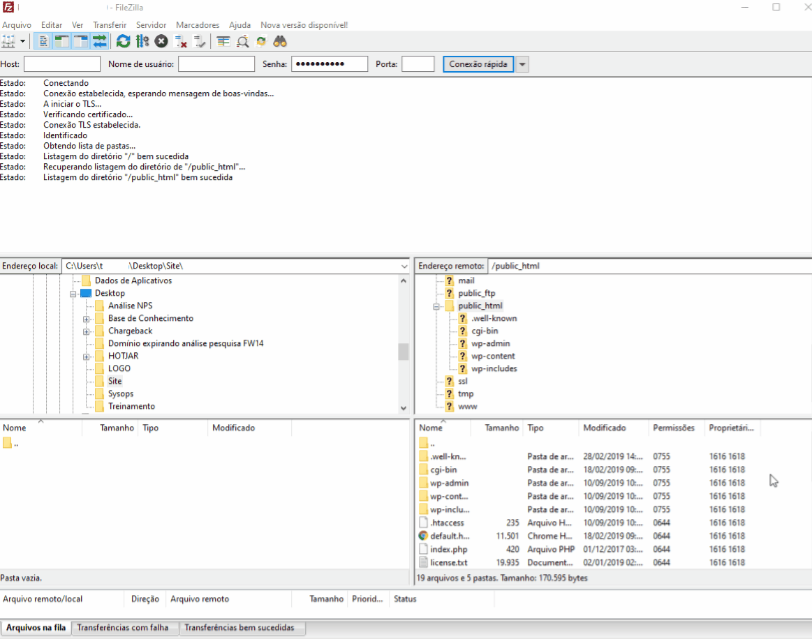 Tela do software FileZilla mostrando informações sobre a conexão estabelecida e listagem de diretórios no servidor remoto.