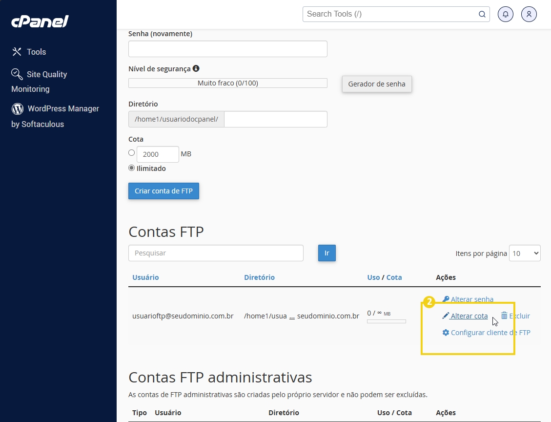 Tela do cPanel mostrando a seção de criação de conta FTP, incluindo o campo de cota de uso.