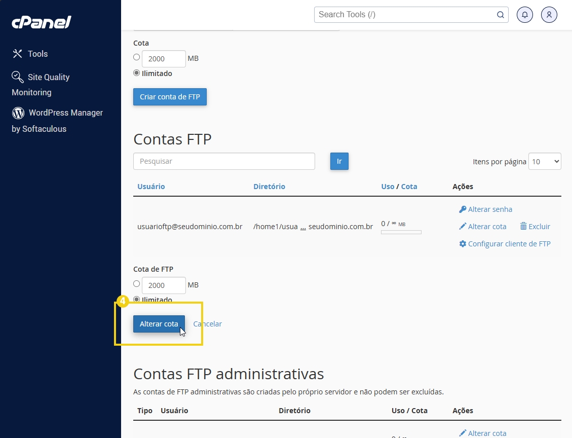 Tela de gerenciamento de contas FTP no cPanel, com opções para criar e alterar cotas de FTP.