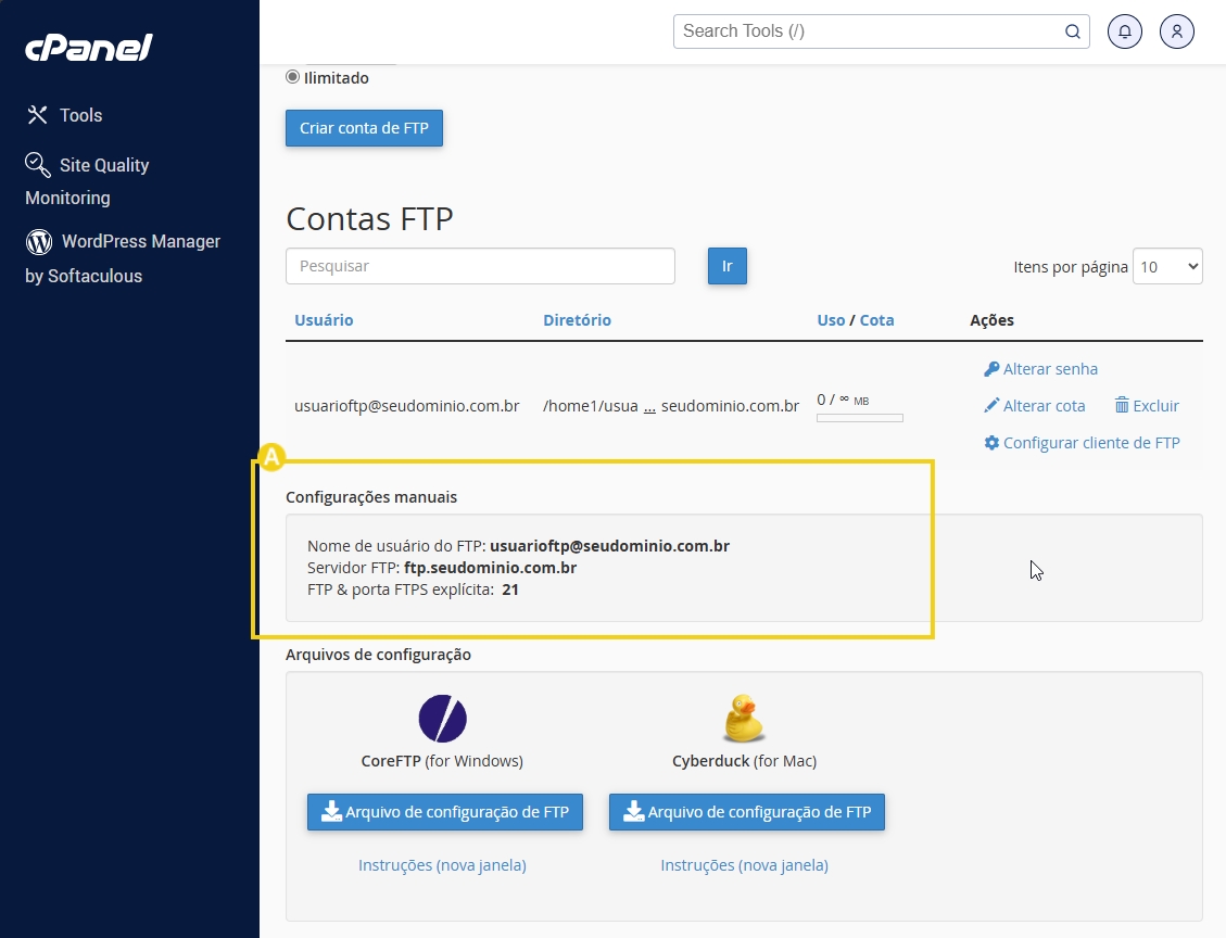 Imagem da tela de configuração de contas FTP no cPanel, exibindo informações essenciais como nome do usuário, servidor e porta do FTP.