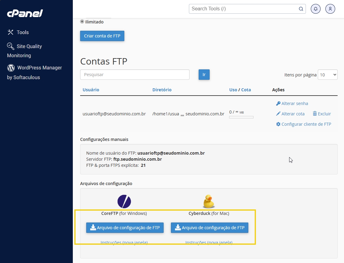 Tela de configurações do cPanel para contas FTP, mostrando opções como CoreFTP e Cyberduck para configuração de conexão.