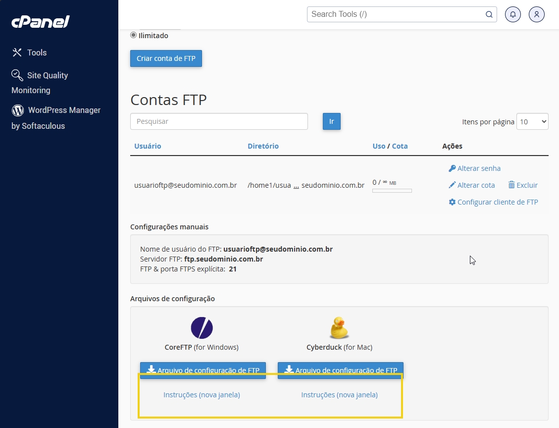 Captura de tela da interface do cPanel mostrando configurações de contas FTP, incluindo opções para criar e gerenciar contas FTP.