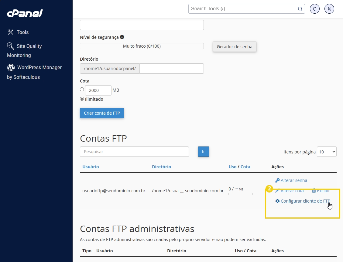 Interface do cPanel mostrando configurações para criação de conta FTP, incluindo nível de segurança e opções de cota.