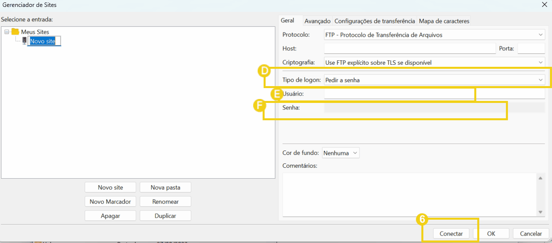 Tela do Gerenciador de Sites mostrando opções de FTP com campos para tipo de login, usuário e senha. A imagem é essencial para entender como configurar o acesso FTP.