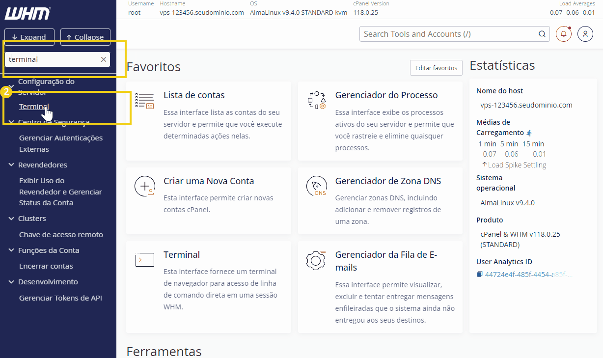 Interface do WHM com destaque para a seção 'Terminal', que permite acessar o terminal do servidor. A tela exibe opções de configuração e gerenciamento.