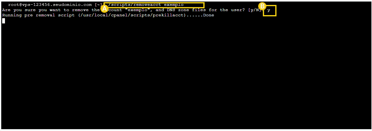 Imagem de terminal de comando mostrando a execução de um script para remoção de uma conta no servidor, exibindo prompts e instruções para o usuário.